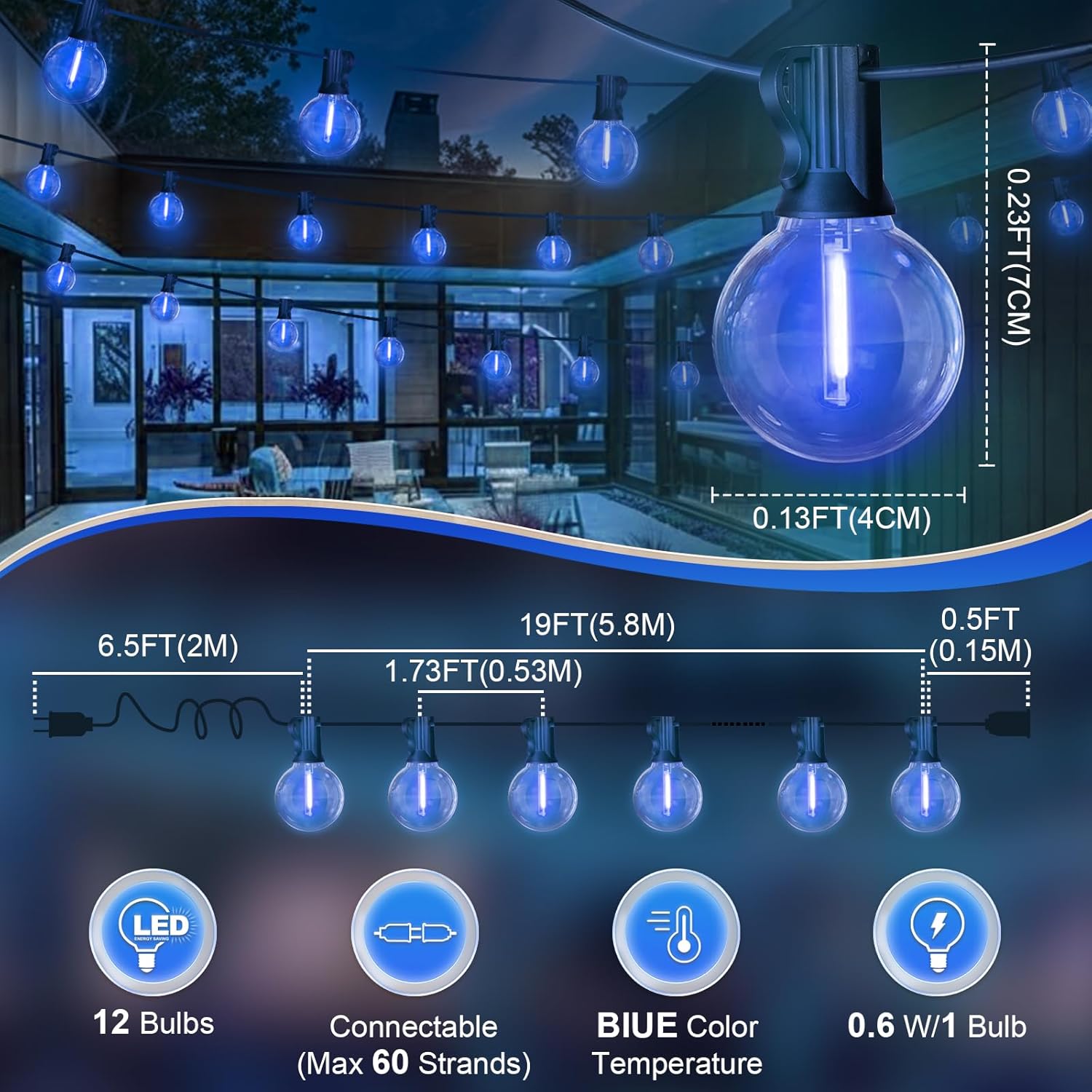 LED Outdoor String Light, 26Feet Patio Lights with12+1Edison Shatterproof Bulbs(1Spare), UL Waterproof Outside Lights connectable Dimmable for Backyard Porch Decor,Blue
