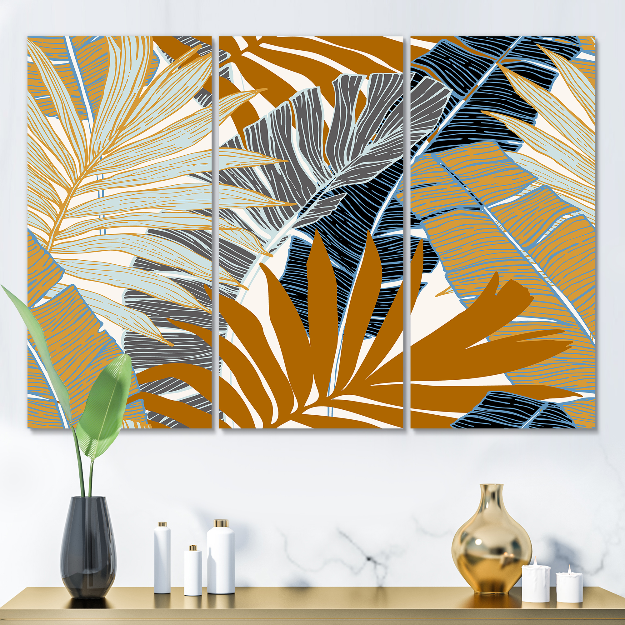 Designart ' Abstract Tropical Summer Banana Leaves and Palm Tree ' Modern Canvas Wall Art Print