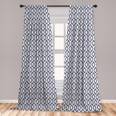 White Curtains With Navy Blue Design Ikat Curtains 2 Panels Set, Eastern Ornament in Blue Exotic Art Elements Curves Simple Design, Window Drapes for Living Room Bedroom, Navy Blue White, by Ambesonne ()