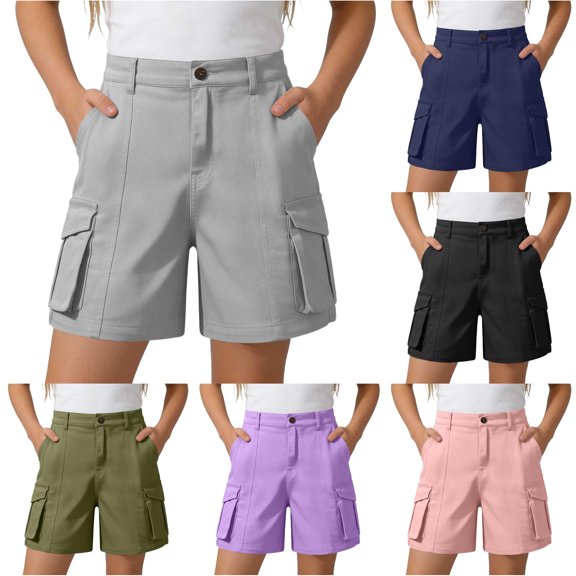 Girls Cargo Shorts Button Elastic Waist Pull On Jogger School Uniformss Stretch Chino Twill Shorts With Pockets