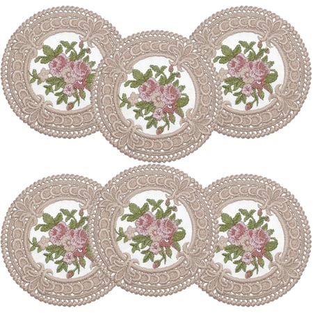 6 Pcs Cloth Coasters for Drinks Happon Vintage Floral Place Mats Embroidery Craft Coasters Heat-Resistant Fabric Tablemat for Wedding Party Decoration