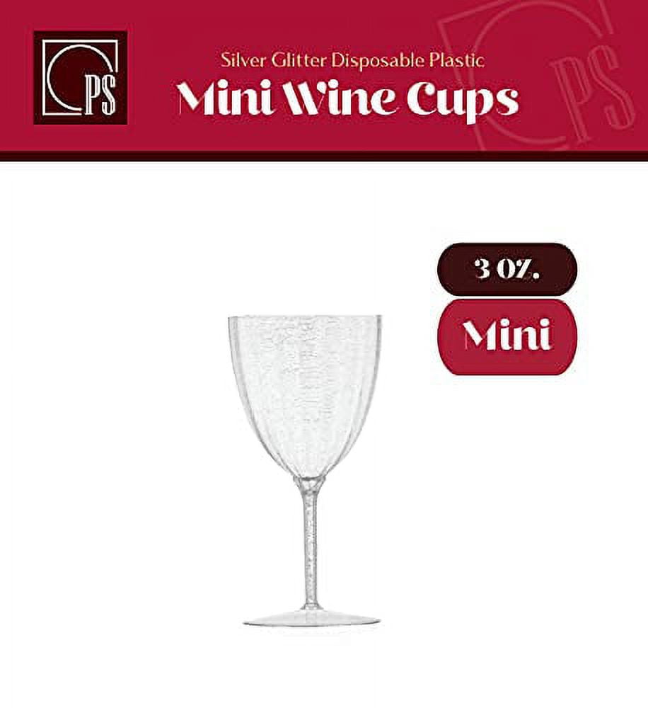 8 Piece Set of Disposable Silver Glitter Stemmed Wine Cups 7 oz - for Parties, Date Nights, Formal Dinners, Wine Tasting, Clear