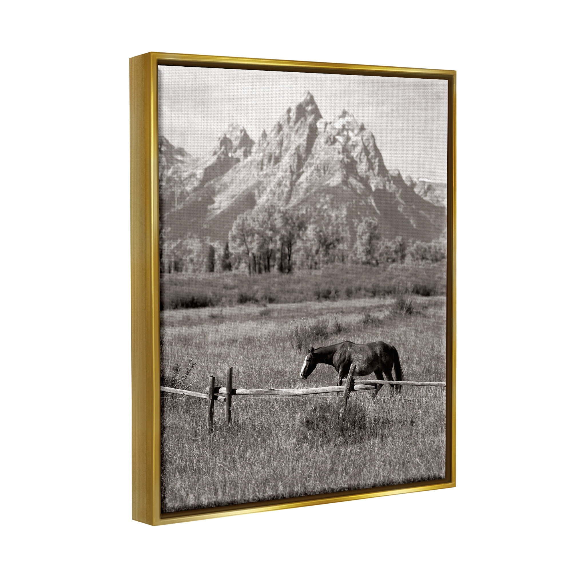 Stupell Industries Horse & Mountain Scenery Landscape Photography Gold Floater Framed Canvas Art Print Wall Art, 17 x 21