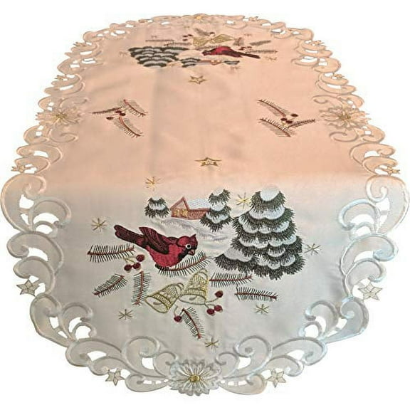 Doily Boutique Christmas Table Runner Embroidered with Red Cardinals on Antique Fabric, Size 36 x 15 inches