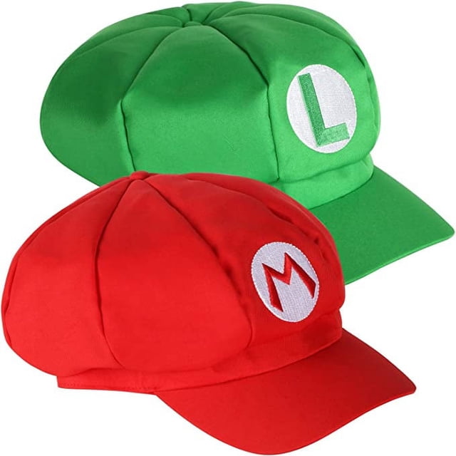 Conjunto de 2 sombreros de Super Mario: gorras de Mario y Luigi, personajes de videojuegos rojos y verdes, sombreros temáticos de juegos retro