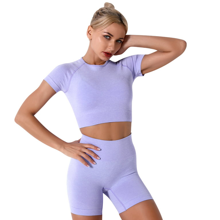 Leopard Sport Outfit For Woman 2022 Two Piece Gym Sport Set Workout Clothes  For Women Long Sleeve Crop Top Shorts Set Purple S L - Yoga Sets -  AliExpress