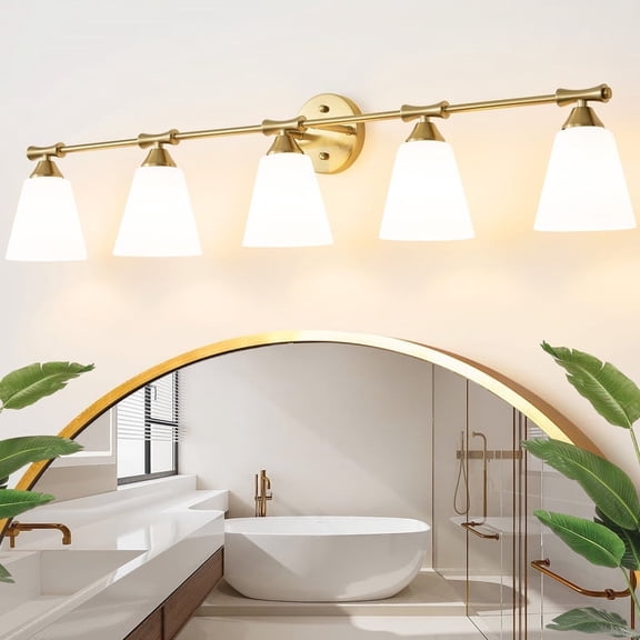 Deyidn Gold 5-Light Modern Bathroom Vanity Light - 43.54-Inch Dimmable Bathroom Light Fixture with Milky White Glass Shades for Mirror Lighting
