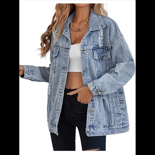 Chaqueta Vaquera Larga de Gran Tamaño para Mujer, Estilo Boyfriend, con Rotos y Desgastados. Azul M