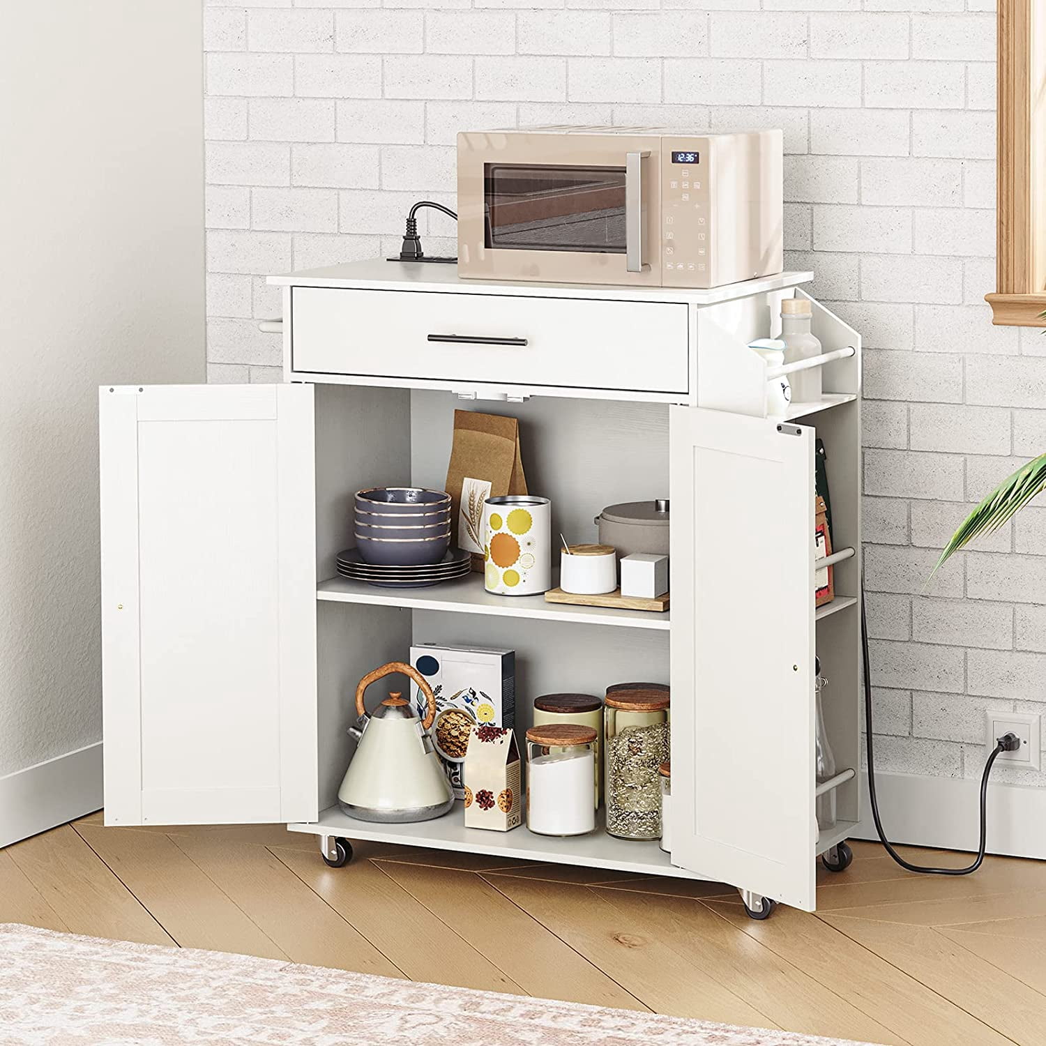 HOOBRO Rolling Kitchen Island with Power Outlet, Spice Rack & Drawer, White