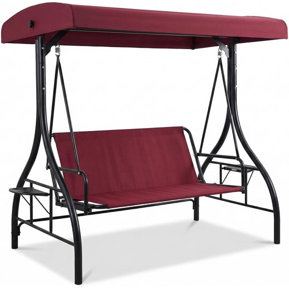 3-Person Outdoor Swing Chair with Adjustable Canopy – Convertible Swing Bed, Soft Cushions, Cup Holders, Sturdy Steel Frame – Weather-Resistant Patio Garden Furniture, Red