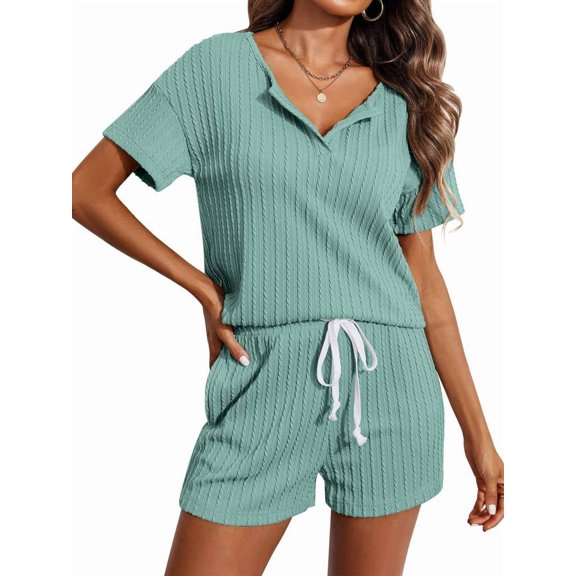 Women'S Two-Piece Home Wear Pajamas Set with Short-Sleeved Top and Elastic Waist Shorts Green M