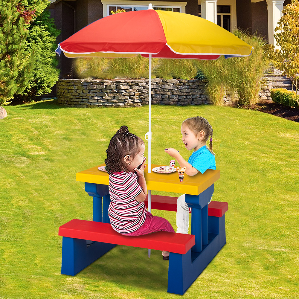 Kids Picnic Table Set with Umbrella, BTMWAY Toddler Table and Chairs Set, Outdoor Kids Picnic Table with 2 Benches, Portable Picnic Table Bench Set for Garden, Backyard, Patio, Red/Yellow/Blue, R2125 - image 2 of 12