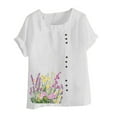 thumbnail image 4 of Womens Linen T Shirts Crew Neck Short Sleeve Button Floral Print Pullover Tops Summer Trendy Loose Casual Blouse (3XL, White-A), 4 of 5