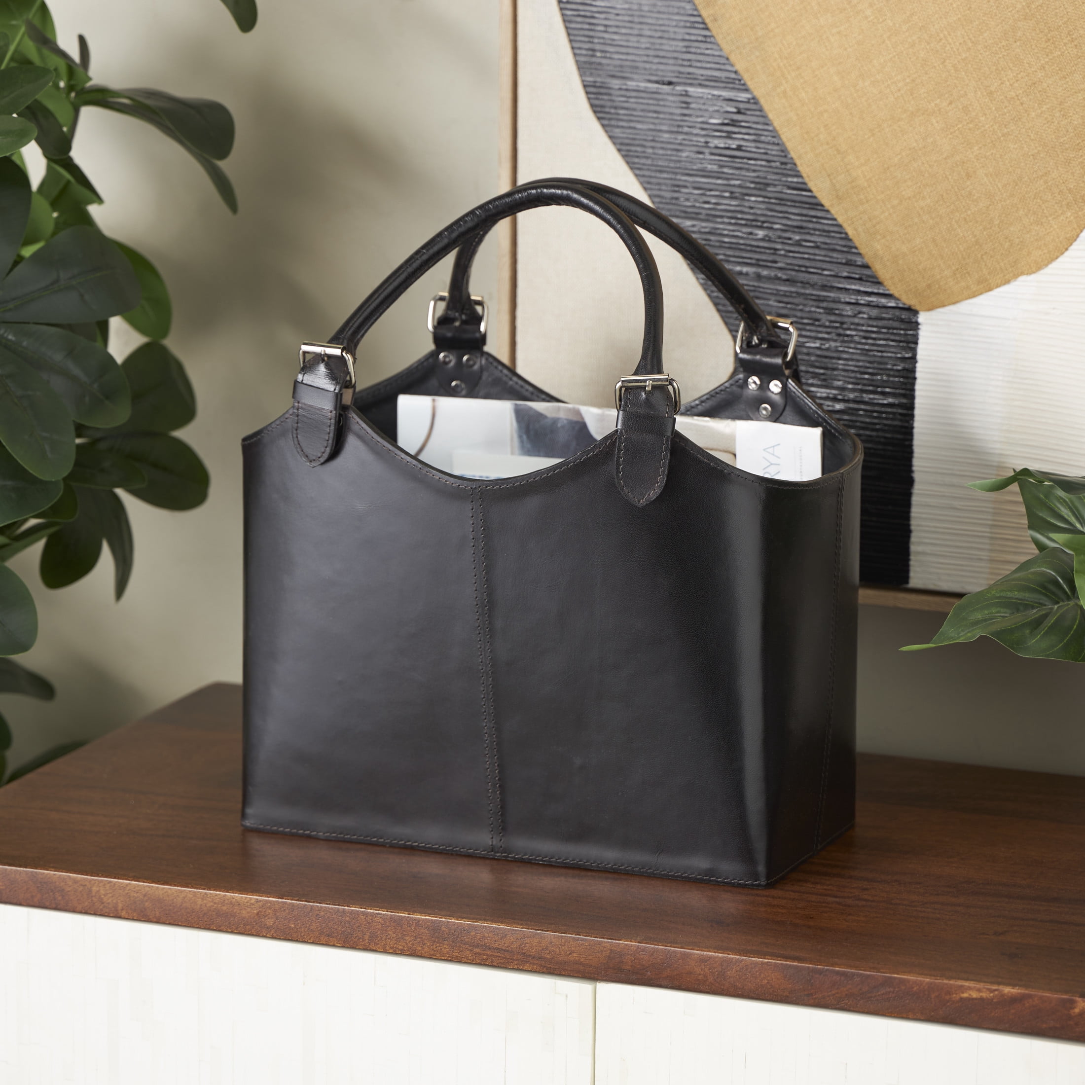 DecMode 18" Black Leather Handmade Box Style Magazine Holder with Detail Stitching and Curved Buckle Handles