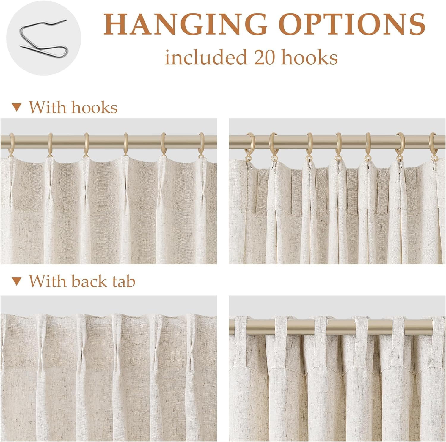 Natural Pinch Pleated Linen Curtains 84 Inch Length 2 Panels for Living Room Bedroom Cream Semi Sheer Window Curtain Boho Neutral Back Tab Pinch Pleat Drape with Hooks 84 Inches Long