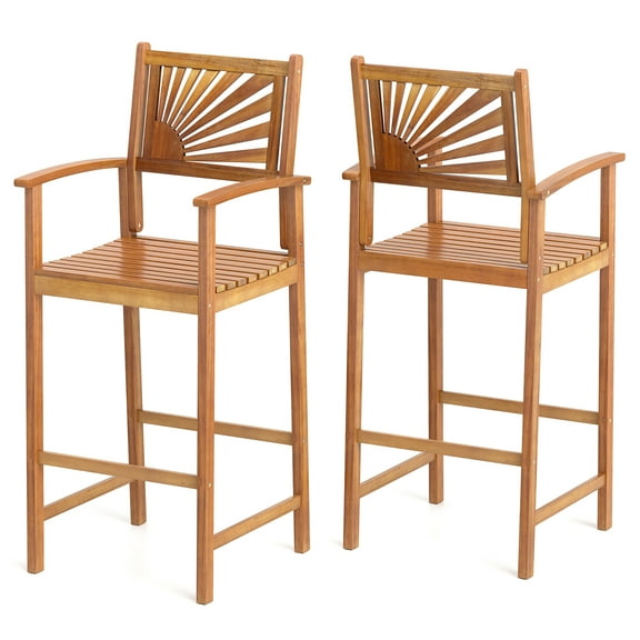 Gymax Set of 2 Outdoor Acacia Wood Bar Stools Bar Height Patio Chairs w/ Backrests