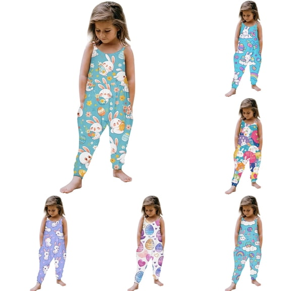 LRen Toddler Girls Kids Jumpsuit One Piece Floral Bunny Print Playsuit Strap Romper Summer Easter Family Matching Outfits Clothes