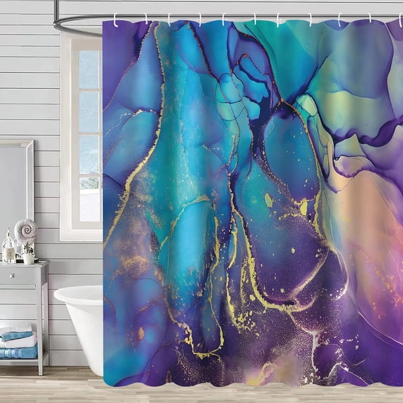 Bevtee Purple Marble Shower Curtains Set with Hooks, Washable Fabric Bathroom Shower Curtains, Waterproof , 72" x 72"
