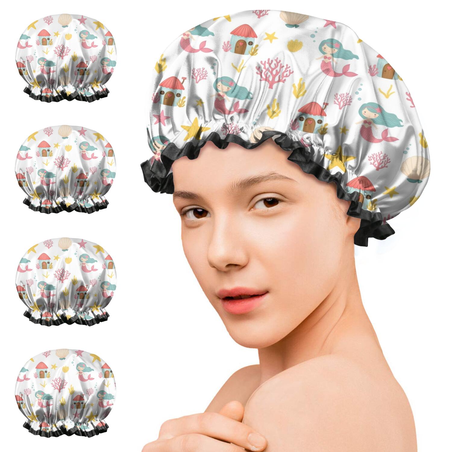 Shower Caps,White Mermaid Pattern Waterproof Shower Cap for Women 4 Pieces,Double Reusable Hair Cover for Shower PEVA Elastic Stretch Hem