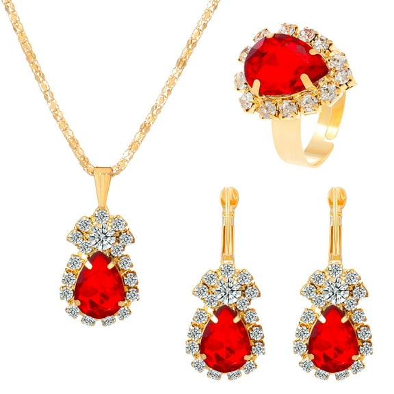 Namzi Fashion Waterdrop Rhinestone Jewelry Set, Retro Water Drop Pendant Necklace Stud Earrings Jewelry Set for Women Mother Bridal Wedding-Red