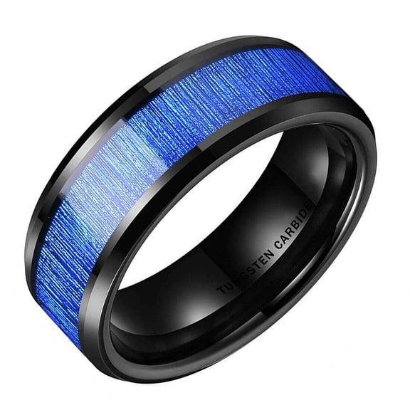 Wedding Rings For Men or Women. 8mm Black Tungsten Band Blue Wood Inlay
