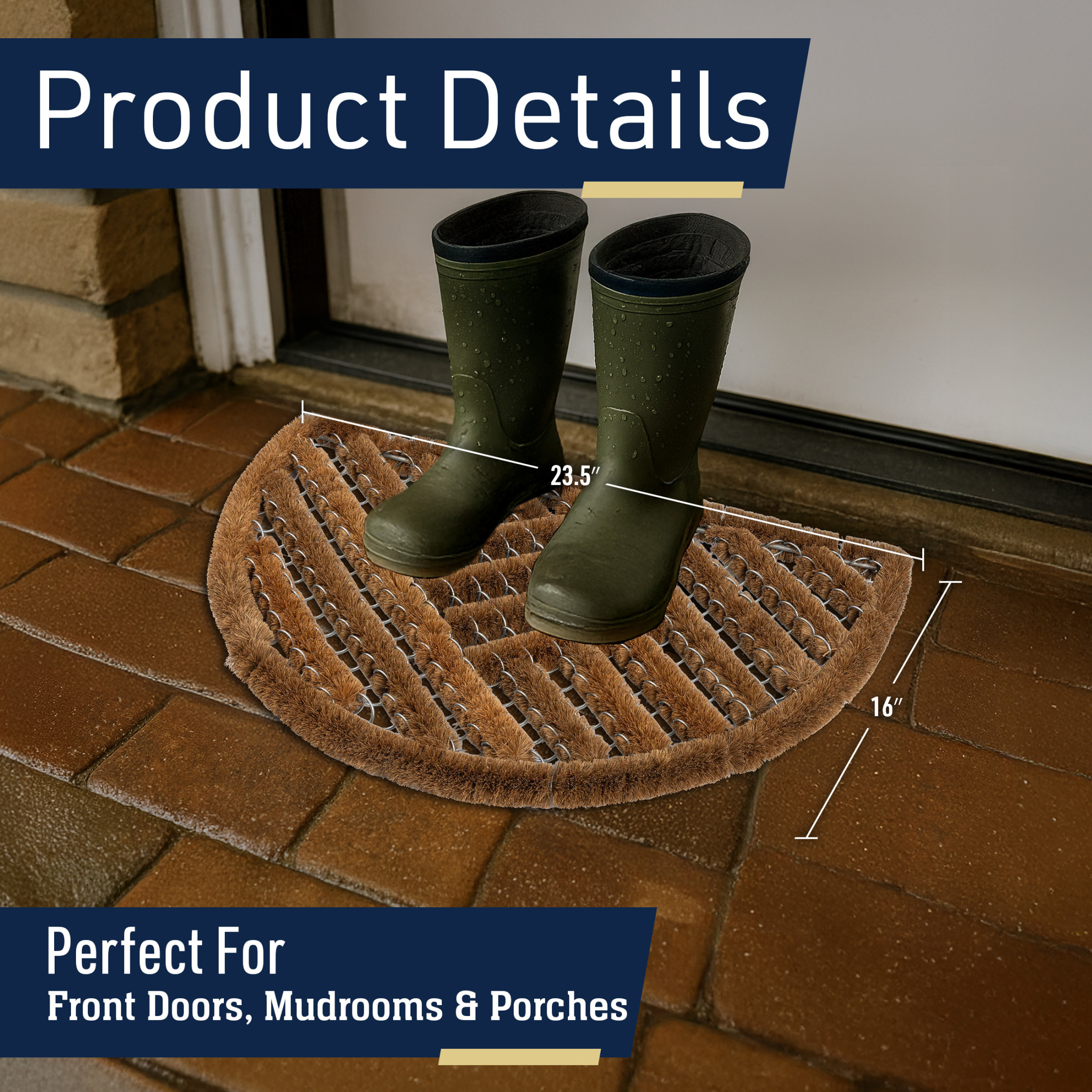 Kings County Tools 23.5x16” Natural Coir Doormat with Stainless Steel Mesh - Outdoor Welcome Mat