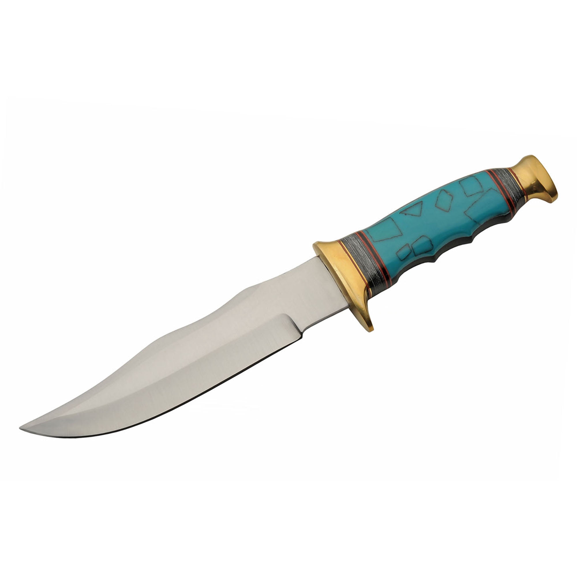SZCO 12.25 Inch Turquoise Bowie Knife Fixed Blade Stainless Steel Blade Pakkawood Handle Brass Guard Outdoor Hunting Knife with Sheath