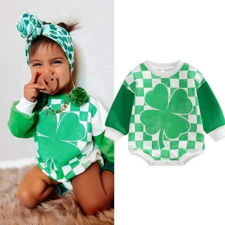 

Infant Baby Boys Girls St. Patrick s Day Romper Long Sleeve Four Leaf Clover Checkerboard Print Jumpsuit