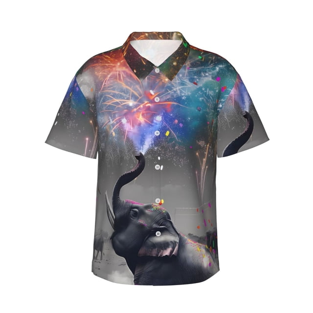 Balery Elephant Fireworks Celebration Camisas hawaianas de manga corta para hombre, camisas playeras de corte holgado, camisas de vacaciones con botones,Medium