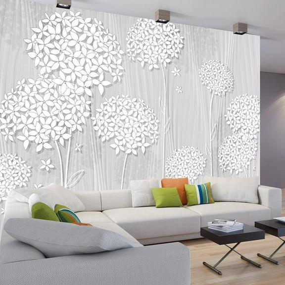 Tiptophomedecor Peel and Stick Floral Wallpaper Wall Mural - White Flower Fantasie - Removable Wall Decals