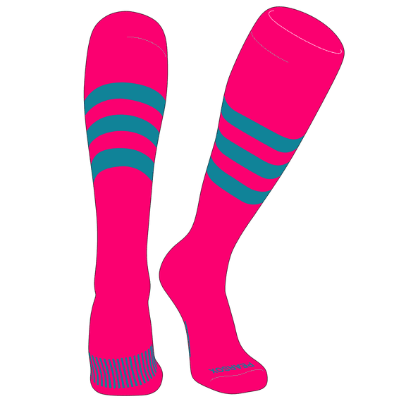 PEAR SOX Striped OTC Baseball, Softball, Football Socks (A) Hot Pink, Marlin Teal (XS)