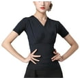 thumbnail image 2 of Short Sleeve Latin Ballroom Dance Tops Stretch Jersey V-Neck Ruched Wrap-Over Fitted, 2 of 7