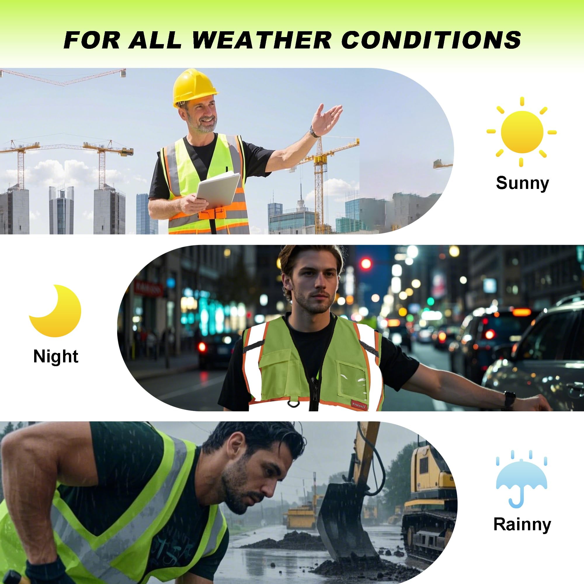 ProtectX Hi Vis Reflective Safety Vest for Men Women High Visibility Construction Work Vest with Pockets Zipper Class 2 Neon Green Large
