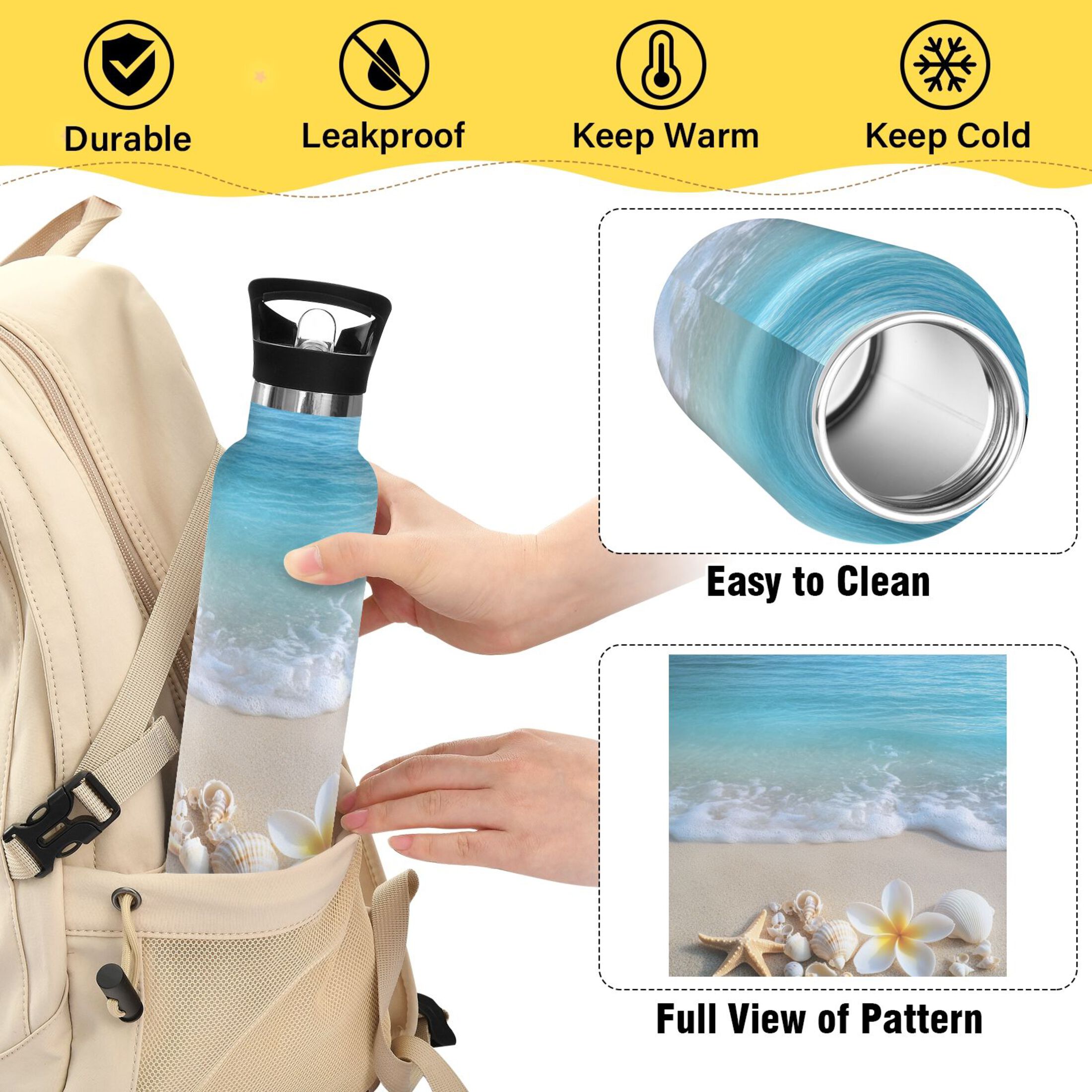 600ML Stainless Steel Insulated Cup Sports Water Bottle Portable Thermos Cup Water Glasses Insulated Tumblers Convenient and Durable Sea Shell