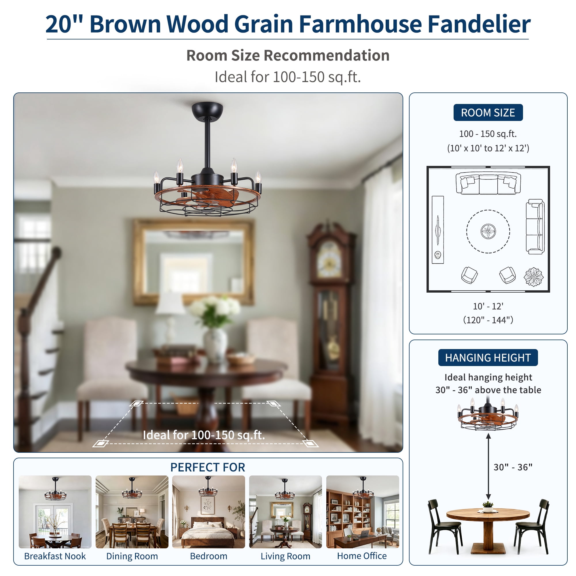 Leumius 20" Modern Farmhouse Ceiling Fan, Wood Grain Rustic Fandelier with E12 Sockets, Adjustable Hanging, Reversible DC Motor, 6 Speeds Remote Control Ceiling Fan for Dining Room Kitchen Bedroom