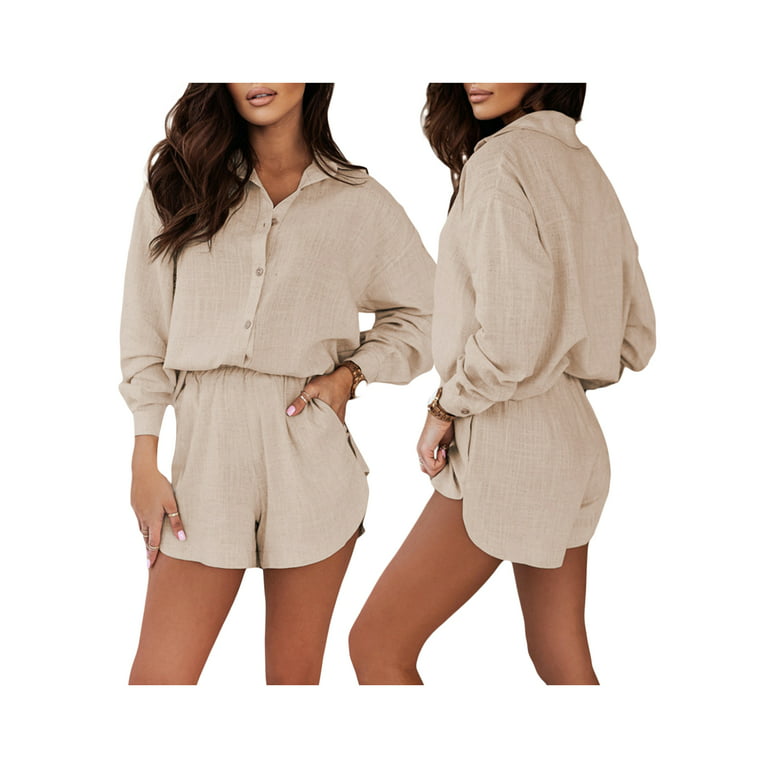 Two Piece Long Sleeve Outfits for Women Short Sets Women 2 Piece Outfits  for Vacation Holiday Beige S : : Clothing, Shoes & Accessories