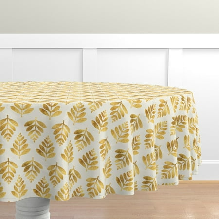 

Cotton Sateen Tablecloth 90 Round - Leaf Gold Botanical Summer Hawaii Tropical Greenery Jungle Hawaiian Flora Look Watercolor Neutral Print Custom Table Linens by Spoonflower