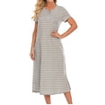 thumbnail image 4 of Aofany Women's Nightshirt Short Sleeve Button Down Crewneck Nightgown Striped Sleepwear Casual Pajama Slit Long Dress with Pocket, 4 of 5