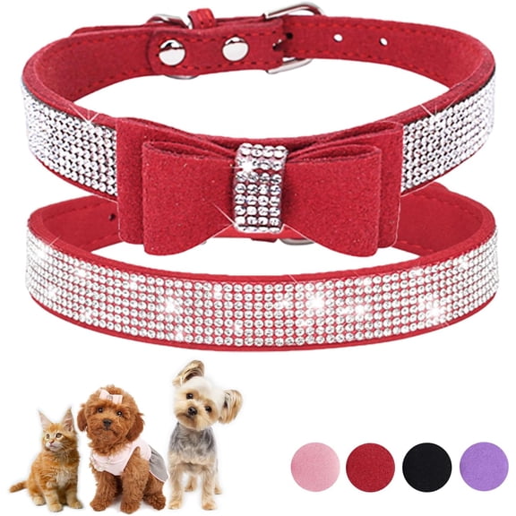 2-Pack Rhinestone Cat Collar Soft Suede Glitter Diamond Jewelry Crystal Girl Puppy Collar with Bow for XXS XS Small Medium Female Dogs & Kitten