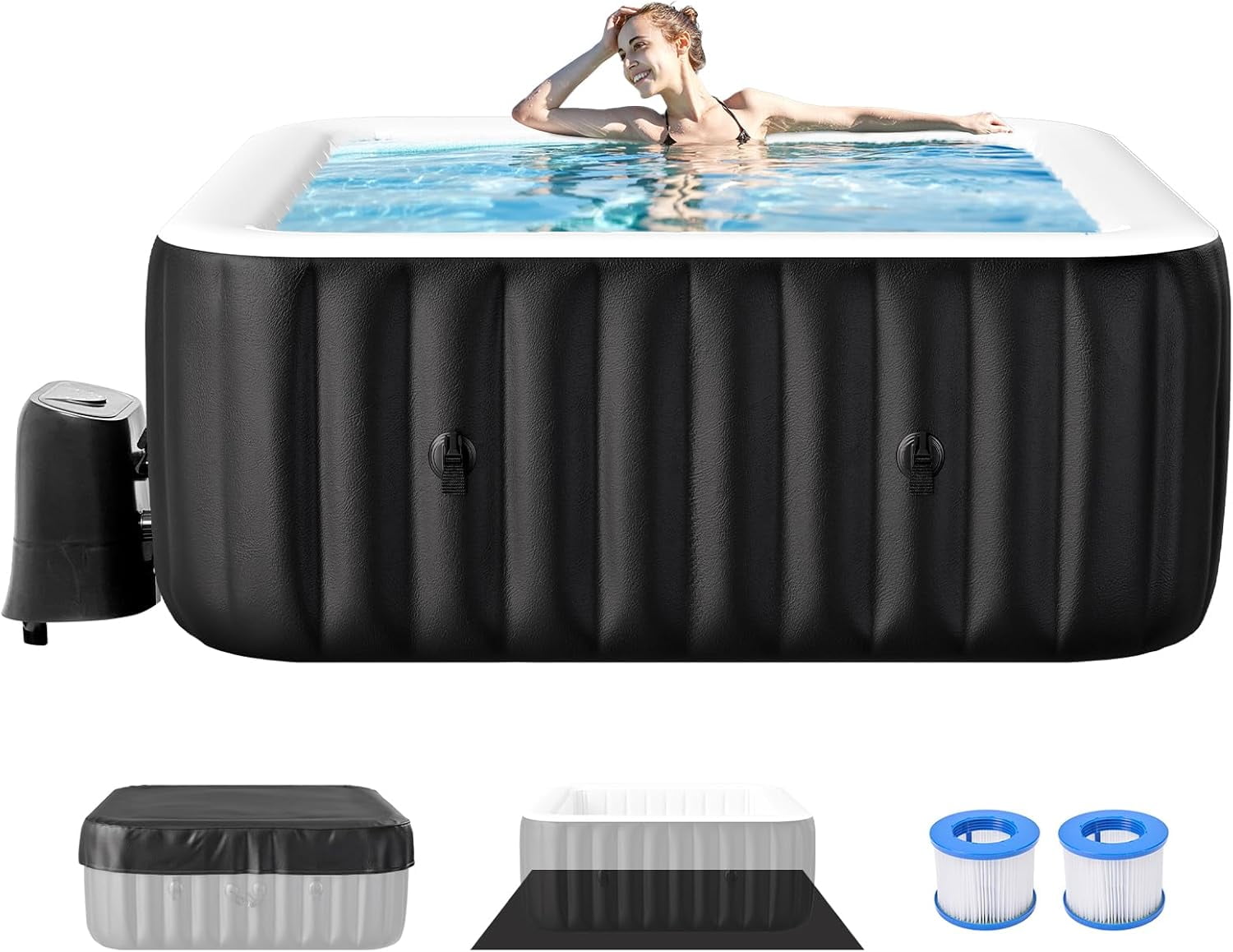 Outdoor Inflatable Hot Tub Spa for 4 Person, Square 185 Gallon Air Jet Hot Tub with 110 Bubble Jets, Pool Heater, Insulated Cover and Filters, Portable Hot Tubs for Patio, Backyard