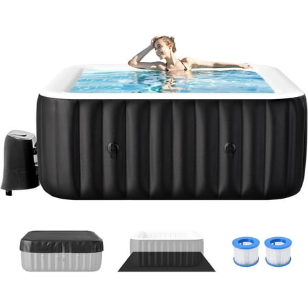 Inflatable Hot Tub 57"X 57"X 25", 2-4 Person Square Outdoor Spa Blow Up Hottubs with 110 Bubble Jets, Blow Up Air Hot Tub with Heater Pump and Side Table, Insulated Cover, 2 Filter Cartridges