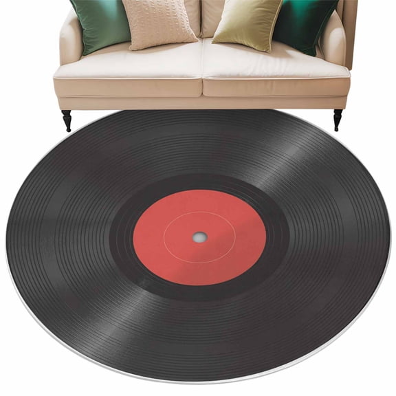 Retro Record Large Area Rugs for Bedroom Living Room, Soft Non Slip Carpet Bedside Rug, Abstract Vintage Minimalist Art Round Floor Cover Kitchen Accent Rug 5' for Dining Room/Office