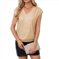 thumbnail image 2 of Tops de Corta con Lentejuelas y Cuello en V para Mujer, Camiseta Elástica Brillante Dorada L, 2 of 8