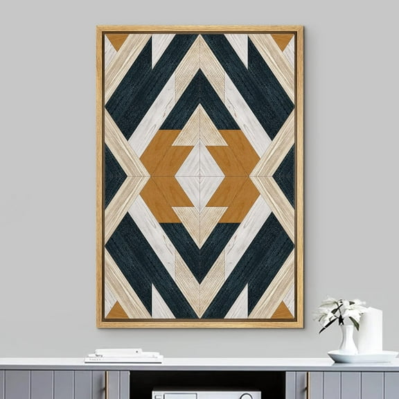 PixonSign Framed Wall Art Western Decor Geometric Black, Brown & White Triangle Insignia Abstract Wood Panels Boho Woodblock Farmhouse Multicolor Canvas Prints for Home Decor -