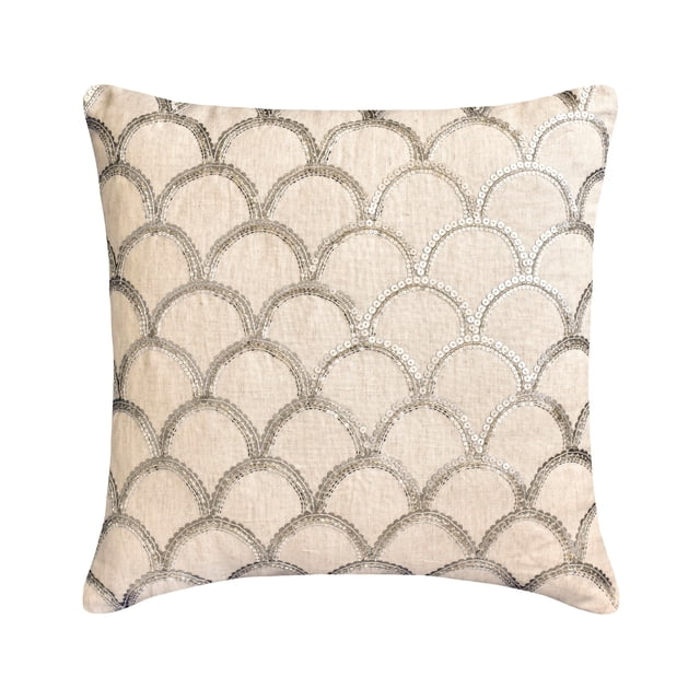 Pillow Cover, Silver 12"x12" (30x30 cm) Throw Pillows, Linen Sequins Embroidery Throw Pillows For Couch, Geometric Pattern Modern Style - Silver Accord
