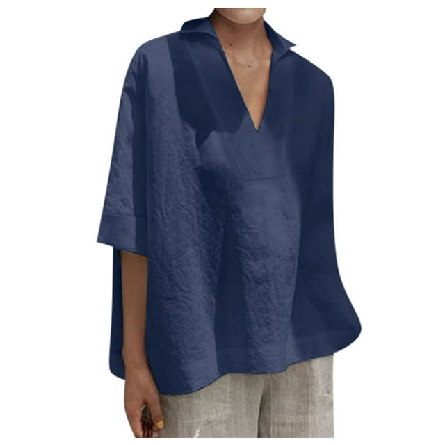 CEHVOM Femmes Manches Courtes Col en V Décontracté Hauts Amples Chemises en Coton pour Dames Blouse