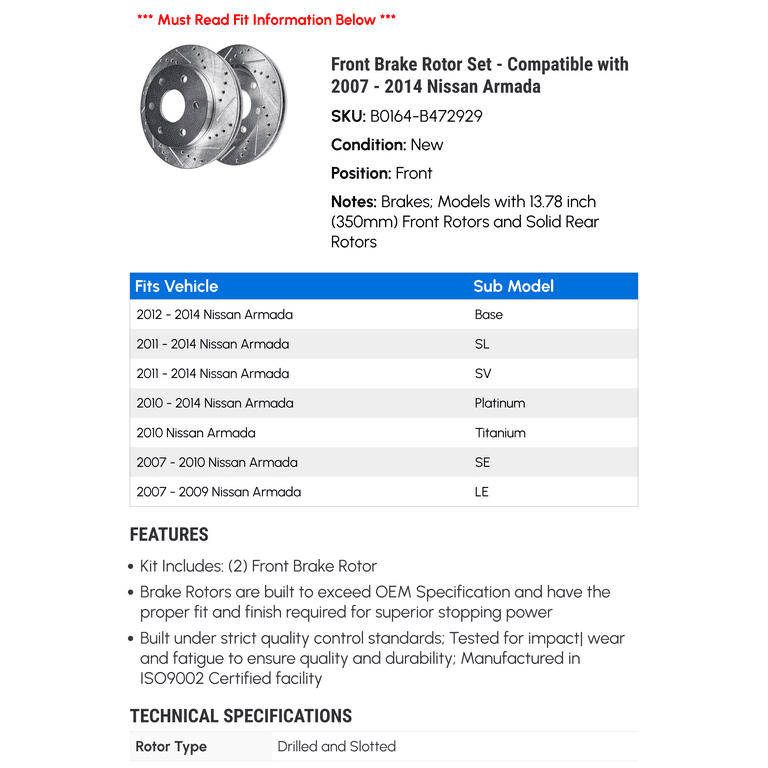 Front Brake Rotor Set Compatible with 2007 2014 Nissan Armada