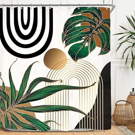 Emerald Green Abstract Shower Curtain Set Mid Century Minimalist Aesthetic Modern Contemporary Plant Tropical Polyester Waterproof Bathroom Curtain With 12 Hooks 36"W x 72"L (Pack of 1)