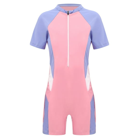 YUUMIN One Piece Boyleg Swimsuits for Girls Short Sleeve Zip Up Shorty Wetsuits Rash Guard Swimsuits Pink 12