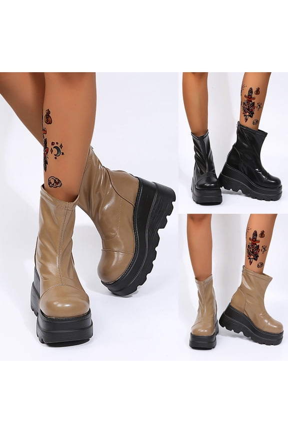 Platform Boots for Young Ladies Women's Shoes Wedge Heel Flat Side Zipper Round Toe Solid Color Nude Platform 9(42)